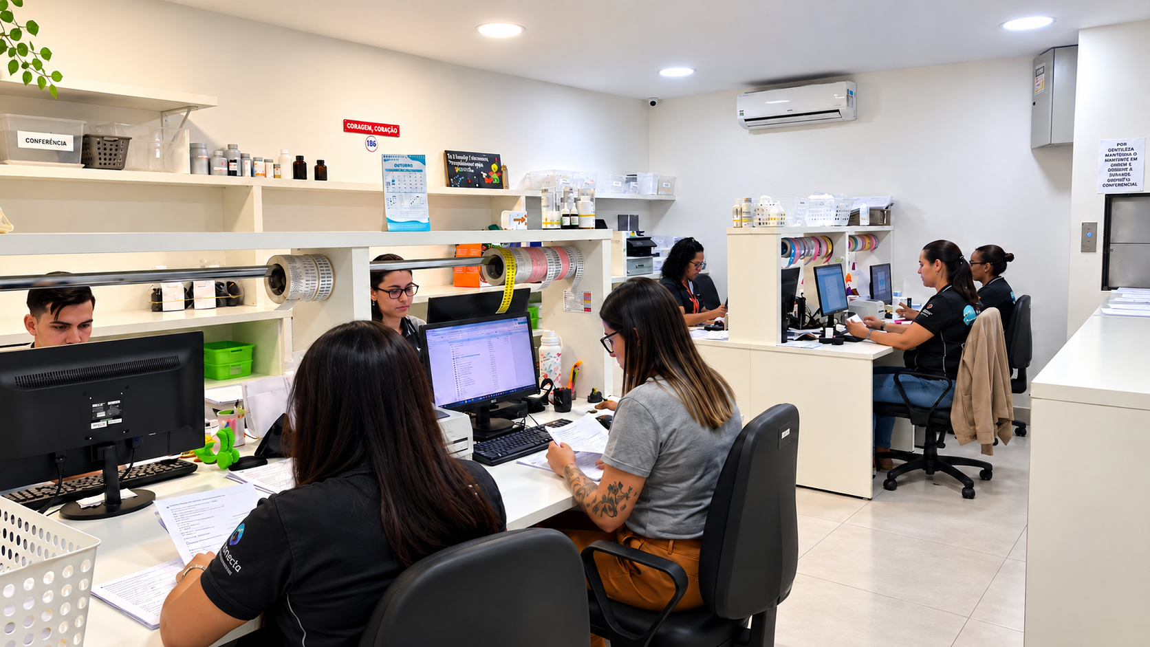 Equipe da Beleza Saúde conferindo prescrições e informações relacionadas às formulações magistrais.