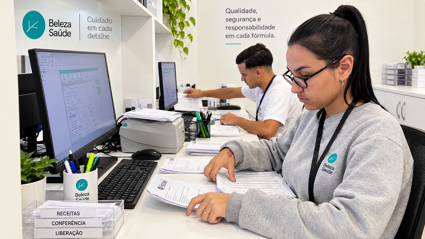 Equipe da Beleza Saúde conferindo prescrições e pedidos em área de atendimento farmacêutico.
