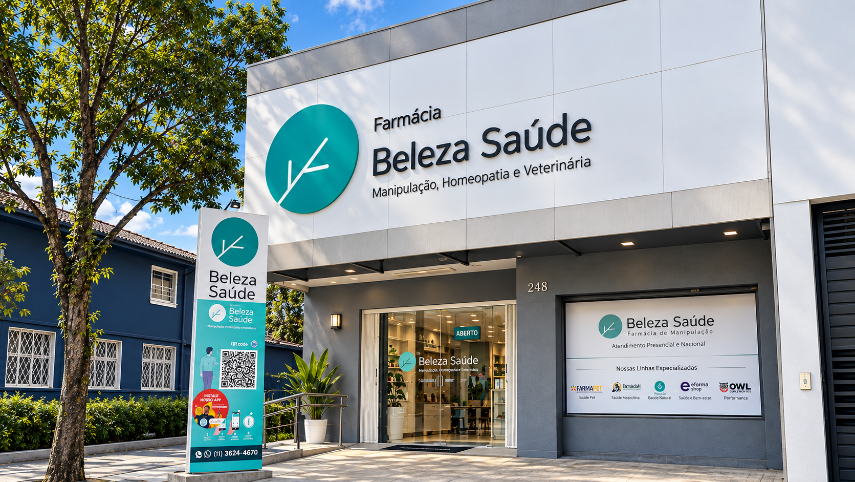 Fachada da Beleza Saúde Farmácia de Manipulação na Rua das Rosas, 248, em Mirandópolis, São Paulo