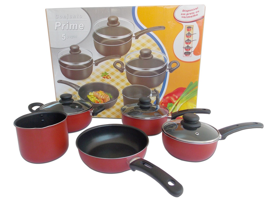 Conjunto 5 Panelas Alumínio Tampa Vidro Linha Cozinha Chicky Cor Vermelho  (Caçarolas Luxo, Panela Nova na Sua Cozinha)