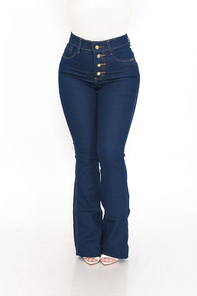 Calça Jeans Feminina - Flare AZUL ESCURO Cintura alta 4 Botões - Beidê Jeans