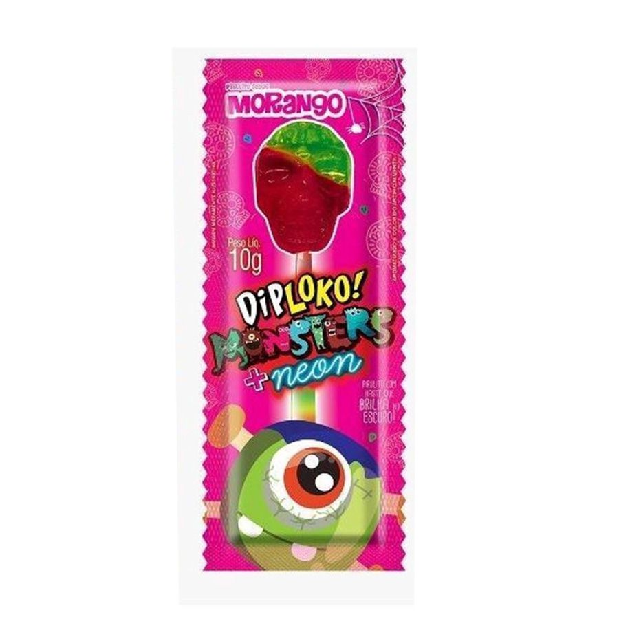 赤目天使　Double Dip Super Glow D24: Psycho Pirulito Neon Dip Loko Caveira Monsters - Sortido - 1 unidade