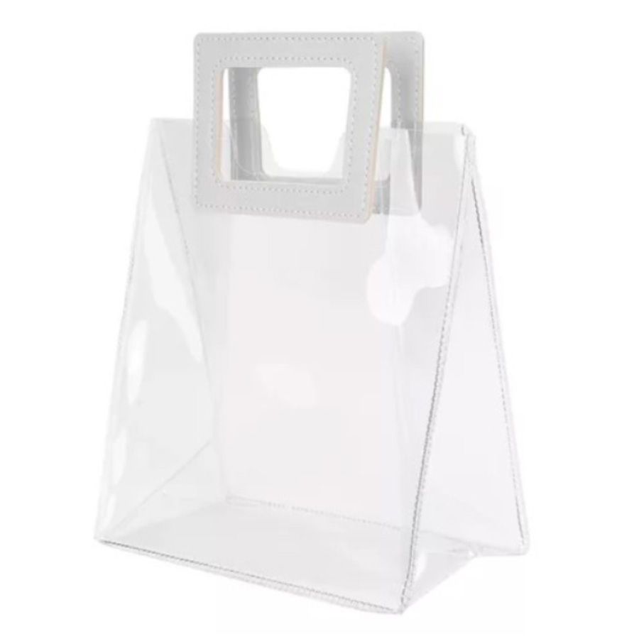 Sacola Transparente PVC com Alça Quadrada de Couro Branco