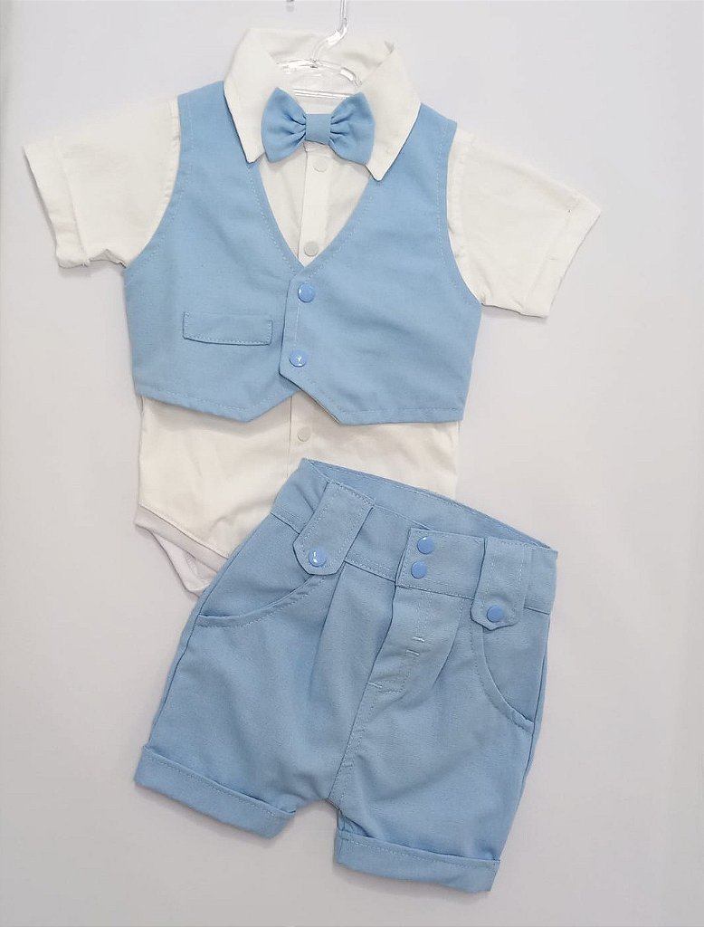 Conjunto Batizado Azul Bebê Menino Bermuda Saruel e Colete - Little Nik  Ateliê Moda Bebê