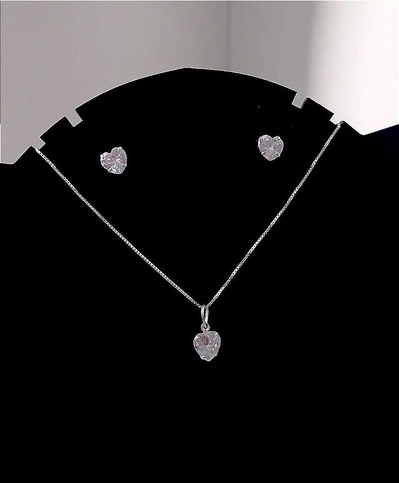 Conjunto coração com pedras zircônia prata 925
