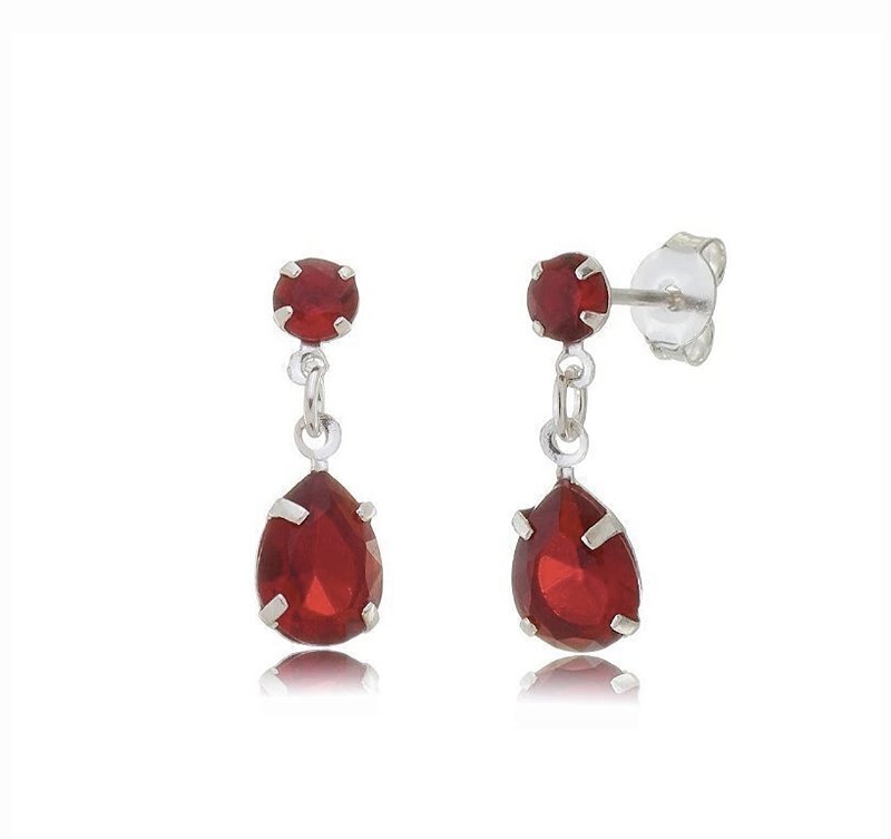 Brinco Prata 925 Zircônia Gota Vermelho 4mm