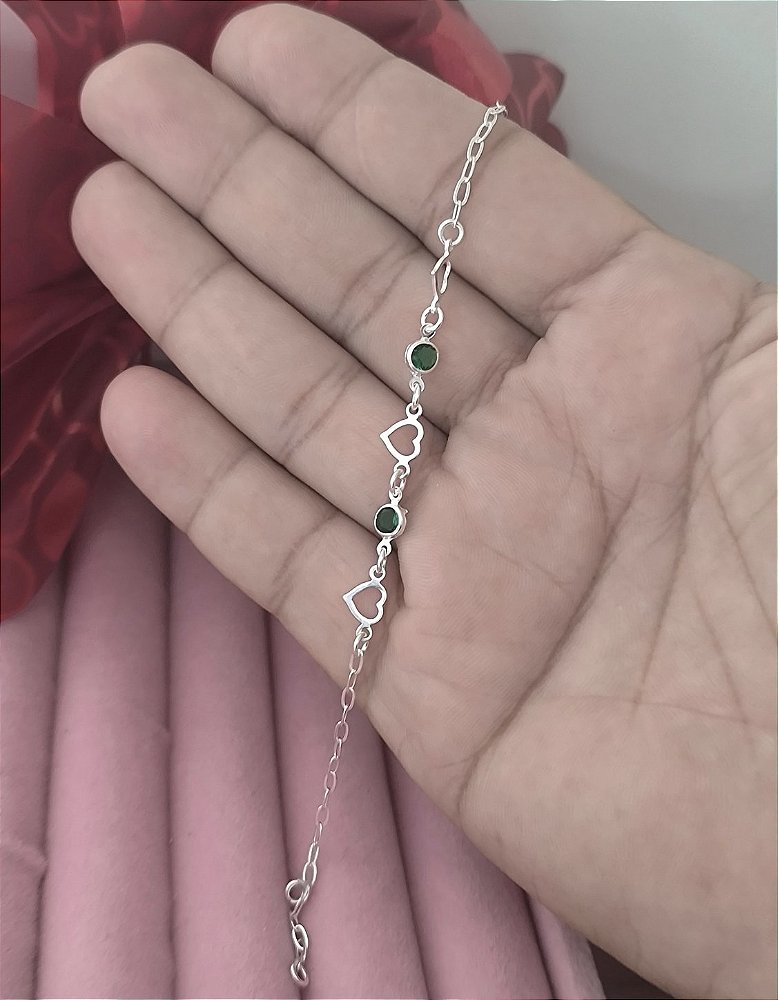 Pulseira 2 Corações com Pedra Verde Prata 925