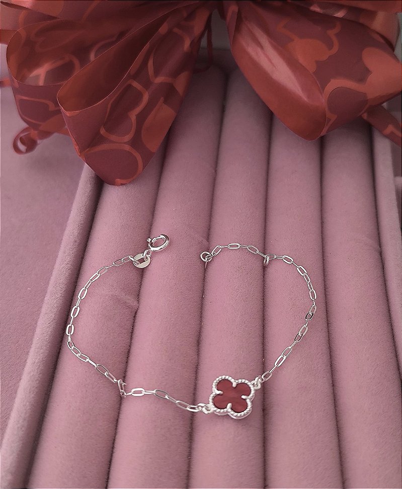 Pulseira Corrente Trevo Vermelho Prata 925