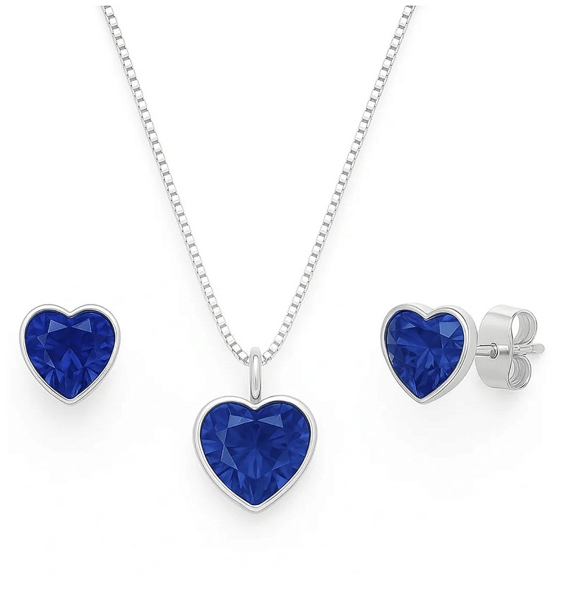 Conjunto Prata 925 Coração Zircônia Azul