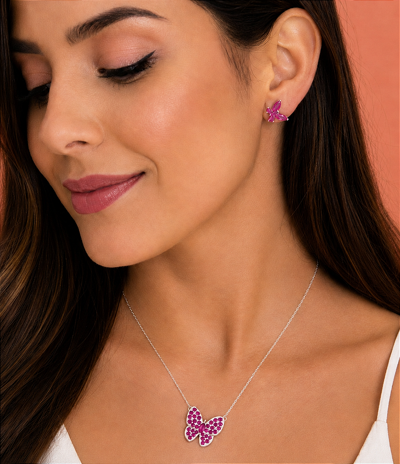 Conjunto Borboleta Zircônia Rosa Prata 925