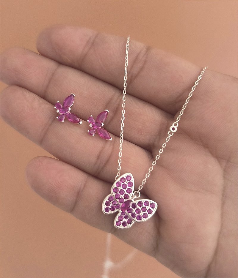 Conjunto Borboleta Zircônia Rosa Prata 925