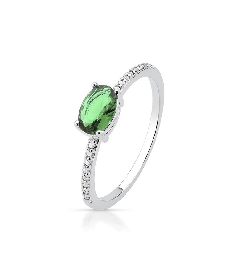 Anel Oval Largo Verde Cravejado Prata
