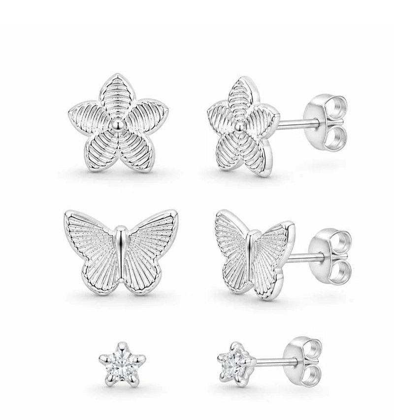 Trio de Brincos Flor Borboleta Estrela Prata