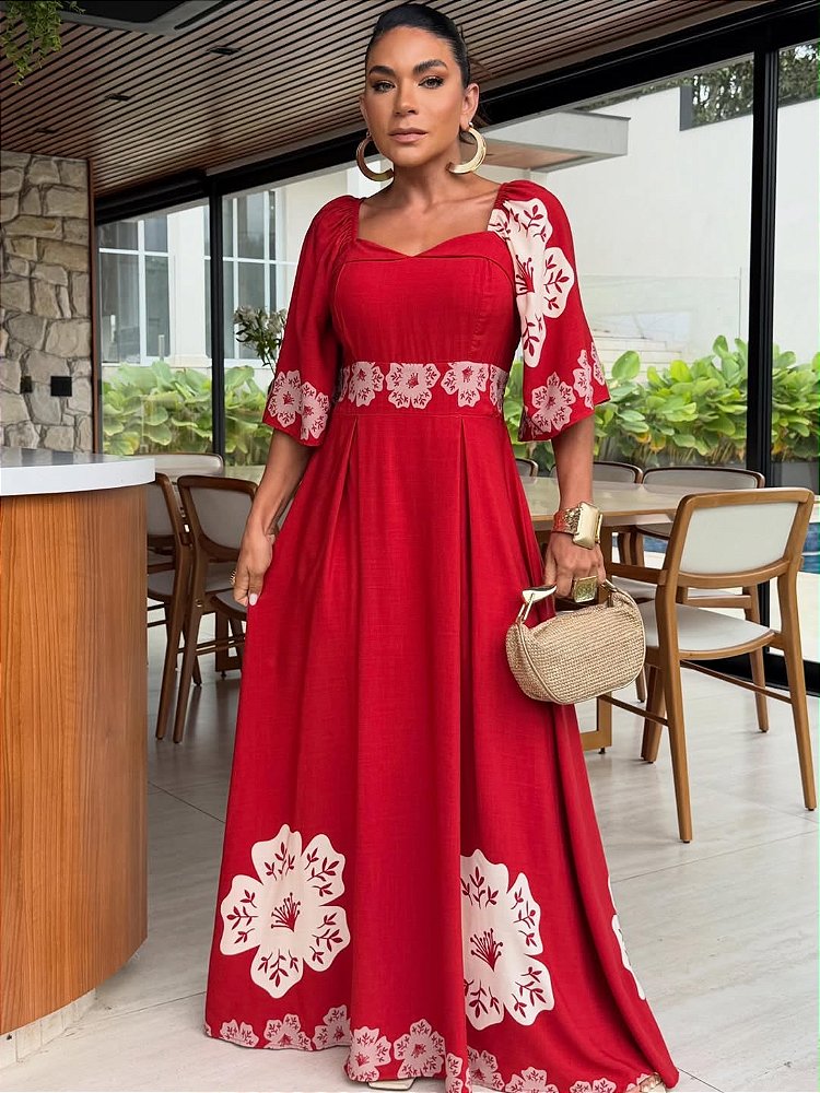Vestido Estampado Longo Vermelho