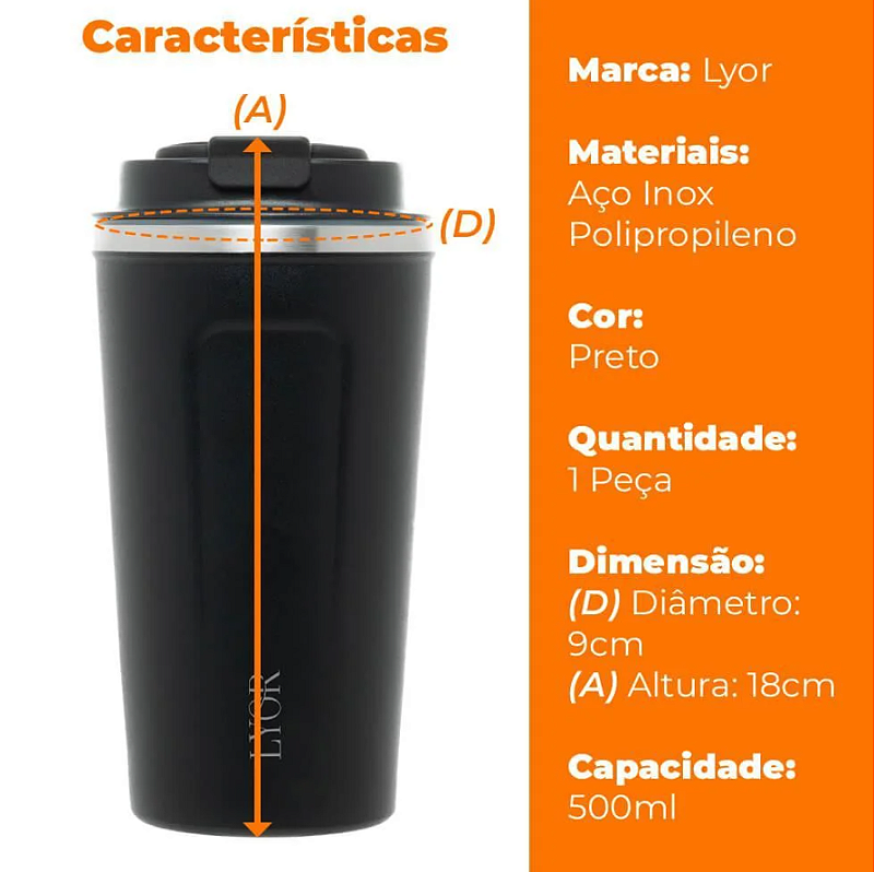 COPO TÉRMICO DE AÇO INOX PAREDE DUPLA COM TAMPA PRETO - LYOR