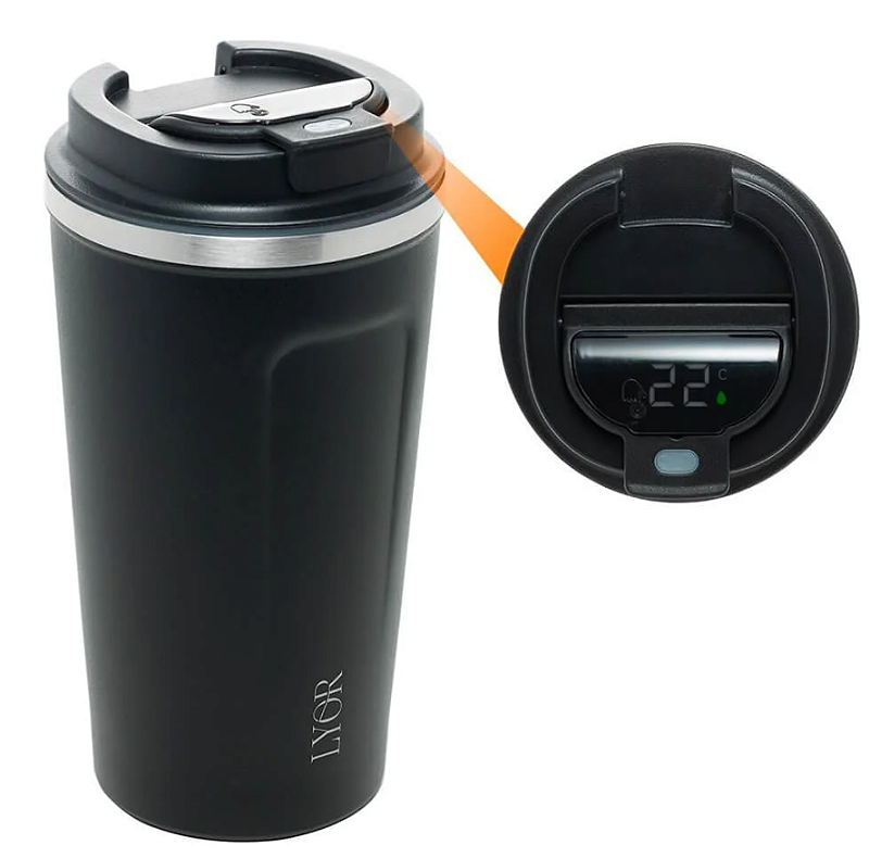 COPO TÉRMICO DE AÇO INOX PAREDE DUPLA COM TAMPA PRETO - LYOR