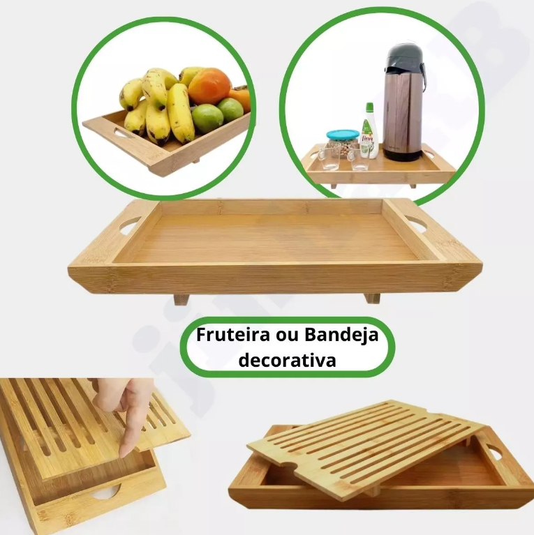 TÁBUA DE CORTE 4 EM 1 MIGALHEIRA DE PÃO COM BANDEJA EM BAMBU 36X22CM - CLINK