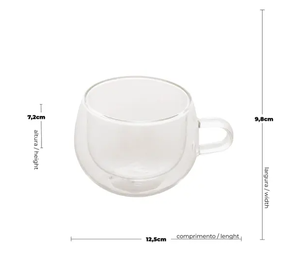 CJ 2 XÍCARAS PARA CAFÉ E CHÁ DUPLA PAR DE VIDRO BOROSSILICATO 240ML - LYOR