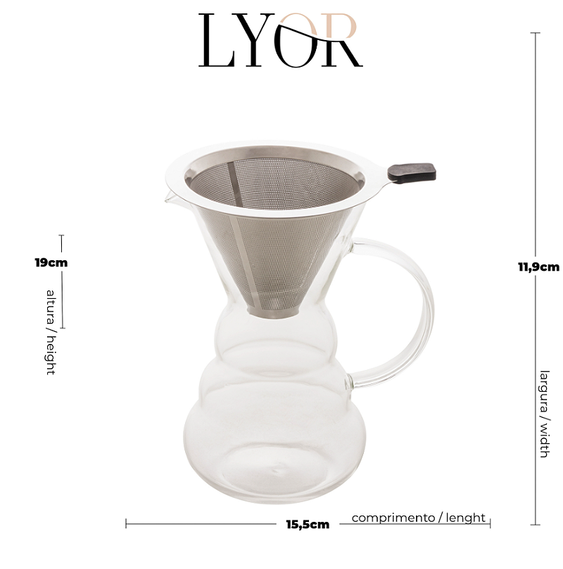CAFETEIRA DE VIDRO BOROSSILICATO RESISTENTE A CALOR COM FILTRO EM INOX 500ML - LYOR