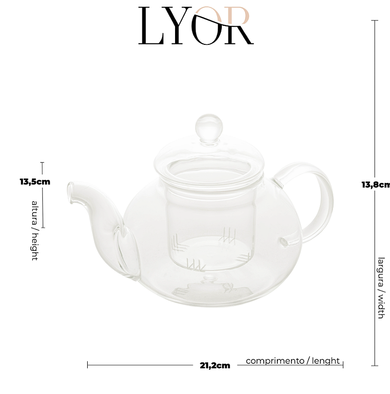 CHALEIRA DE VIDRO BOROSSILICATO COM INFUSOR RESISTENTE A CALOR 860ML - LYOR