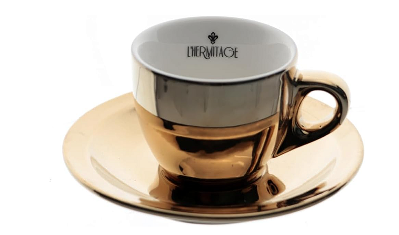 JOGO DE 12 PEÇAS - 6 XÍCARAS 80ML COM PIRES DOURADO PARA CAFÉ COM RACK - L'HERMITAGE