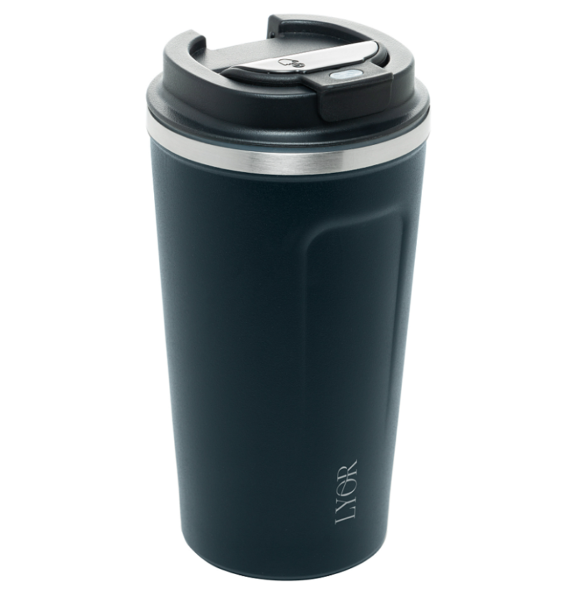 COPO TÉRMICO DE AÇO INOX PAREDE DUPLA COM TAMPA E TERMÔMETRO LED MOTION AZUL 500ML LYOR