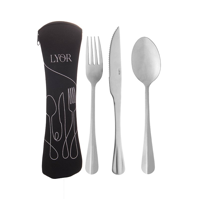 KIT REFEIÇÃO COM ESTOJO DE NEOPRENE PRETO COM 3 TALHERES POSITANO DE AÇO INOX - LYOR