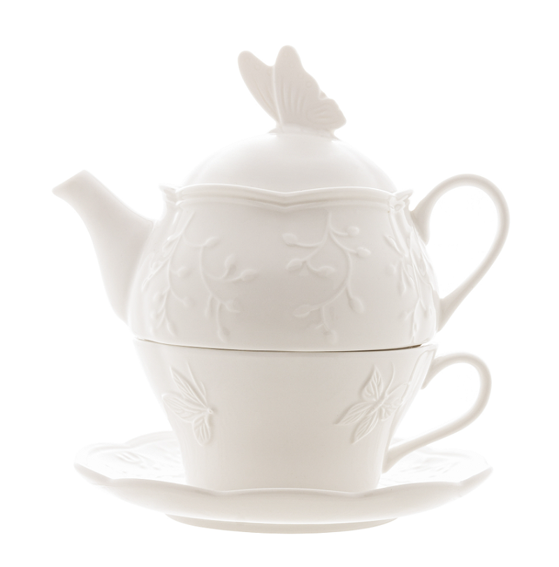 CONJUNTO 3 PEÇAS PARA CHÁ DE PORCELANA NEW BONE BUTTERFLY FLOWER - LYOR