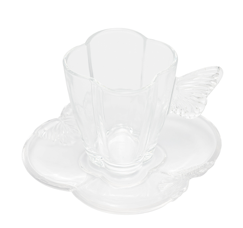 CONJUNTO 4 XÍCARAS DE CAFÉ DE VIDRO COM PIRES BUTTERFLY 80ML - WOLFF