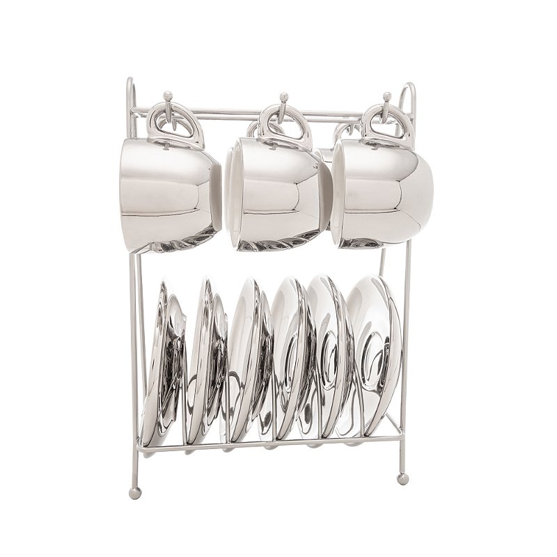 CONJUNTO 6 XICARAS CAFE PORCELANA COM PIRES E SUPORTE VERSA PRATA/BRANCO 90ML- WOLFF