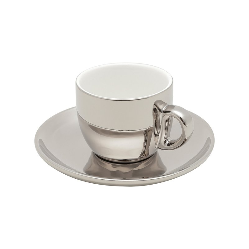 CONJUNTO 6 XICARAS CAFE PORCELANA COM PIRES E SUPORTE VERSA PRATA/BRANCO 90ML- WOLFF