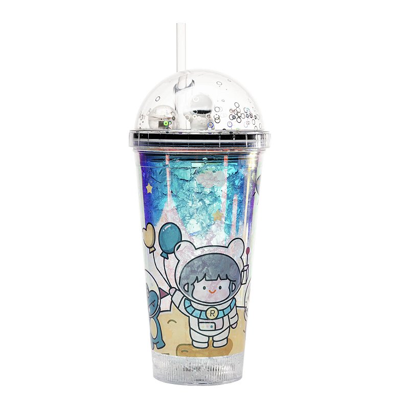 COPO DECORATIVO DE PLASTICO COM CANUDO E LUZ LED ASTRONAUTA 460ML - LYOR