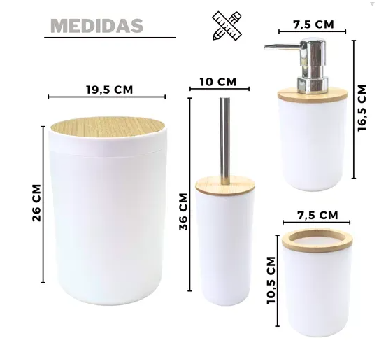 KIT PARA BANHEIRO 4 PEÇAS BRANCO COM TAMPA DE BAMBU BASCULANTE - FLASHGOODS