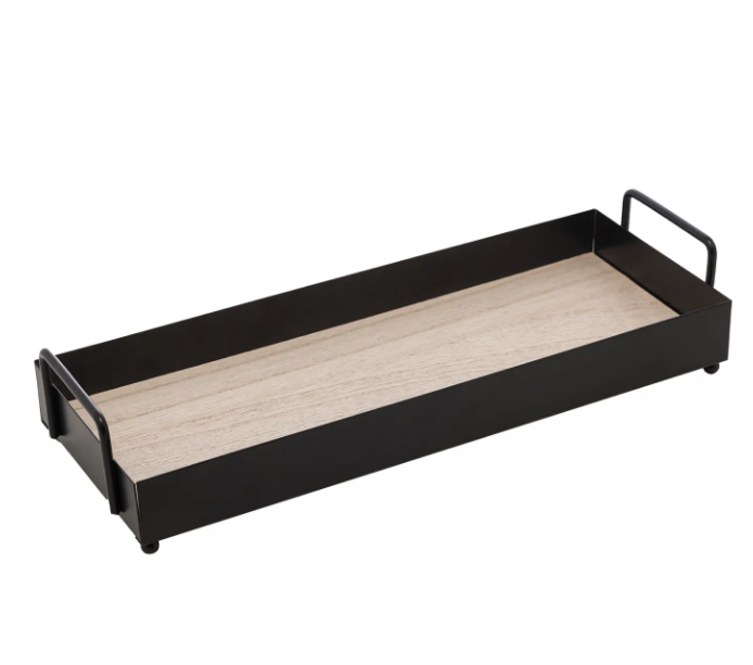 BANDEJA RETANGULAR DE METAL COM FUNDO DE MDF E ALÇA PRETO FOSCO 30X11X6CM - LYOR