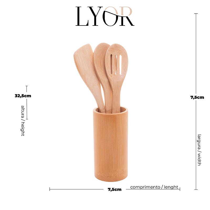 CONJUNTO 3 UTENSILIOS E SUPORTE DE BAMBU - LYOR