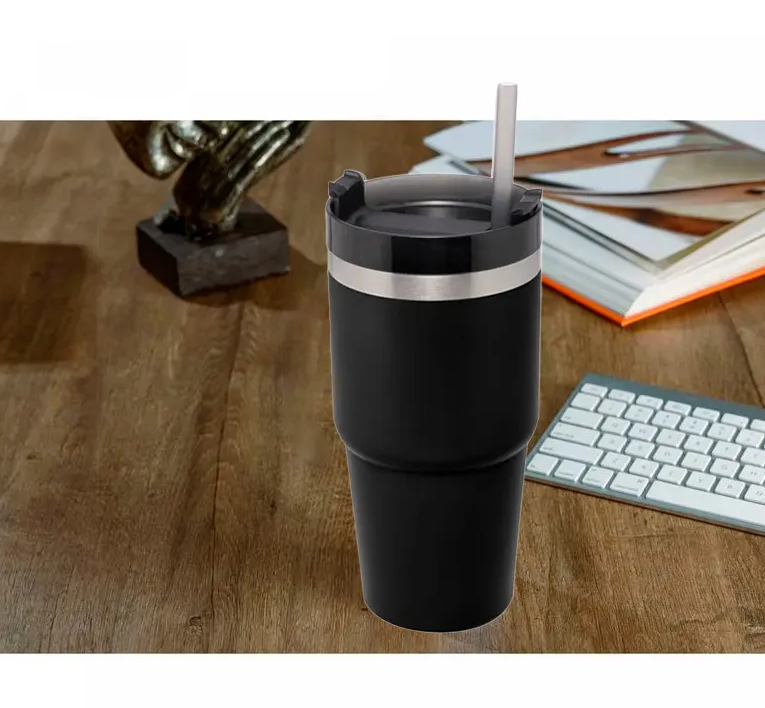 COPO TÉRMICO DE AÇO INOX COM PAREDE DUPLA SLIMTERM COM BASE ERGONÔMICA E CANUDO 590ML PRETO - WOLFF