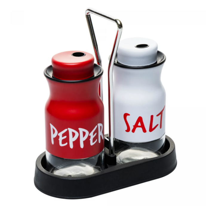 CONJUNTO 3 PEÇAS SALEIRO E PIMENTEIRO DE VIDRO COM SUPORTE EM METAL 130ML - WOLFF