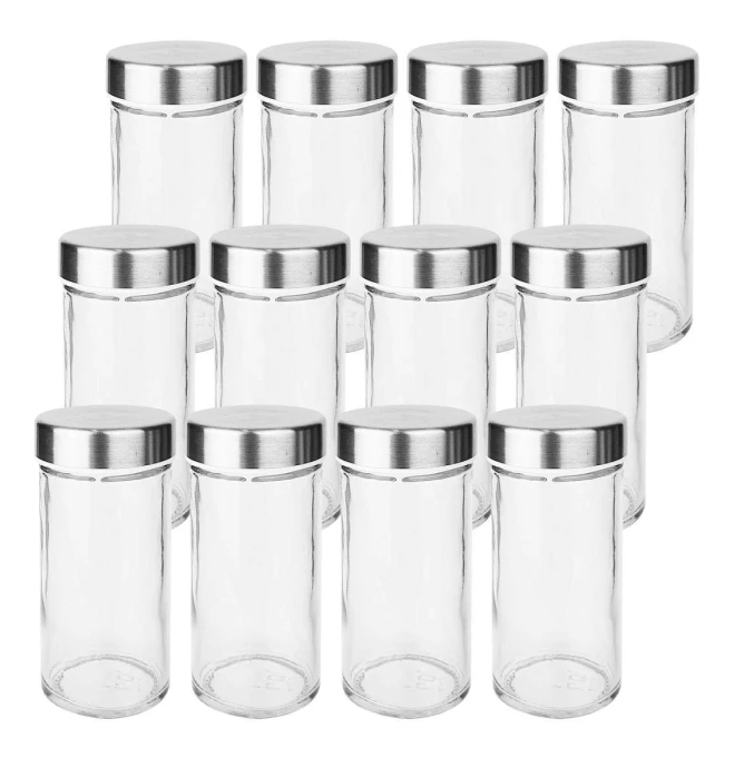 PORTA TEMPEROS DE AÇO INOX E SUPORTE DE MADEIRA 12 PEÇAS - FLASHGOODS