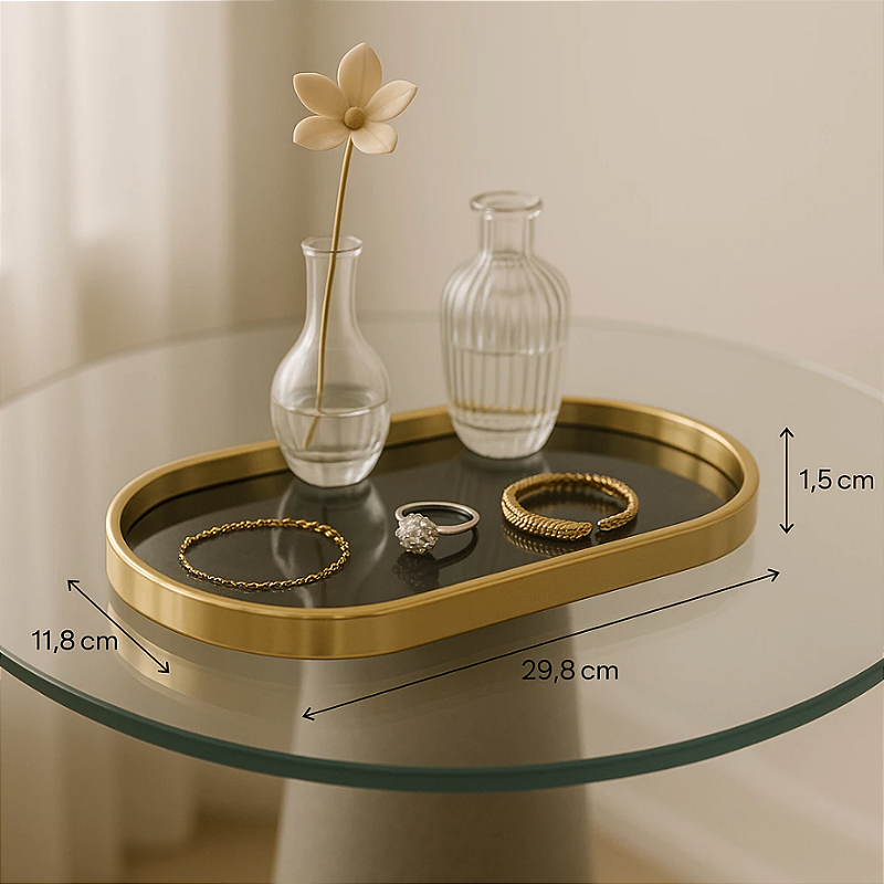 BANDEJA DECORATIVA ESPELHADA OVAL CORES SORTIDAS PRETA OU DOURADA 29X11CM - C3B