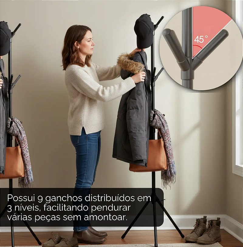 CABIDEIRO MULTIUSO MANCEBO PORTÁTIL SUPORTA ATÉ 10KG COM 9 HASTES 163X40X48CM - C3B