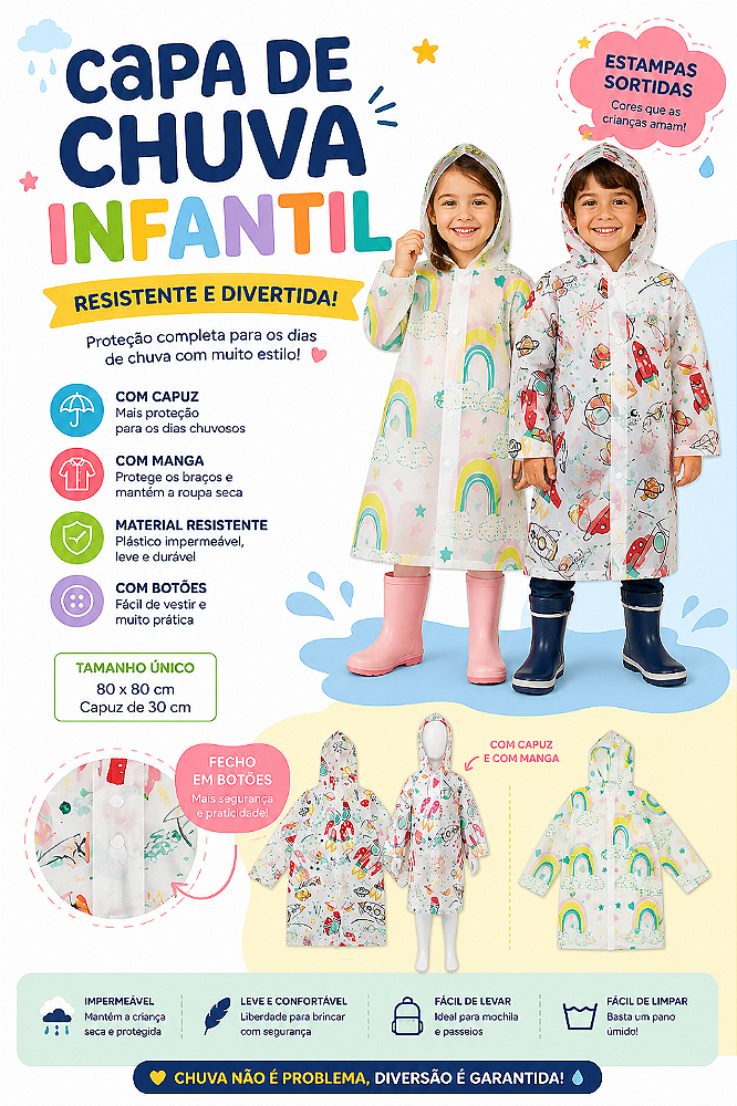 CAPA DE CHUVA COM CAPUZ FECHAMENTO COM BOTÕES REUTILIZÁVEL 80CM ESTAMPAS SORTIDAS - TOKYO DESIGN