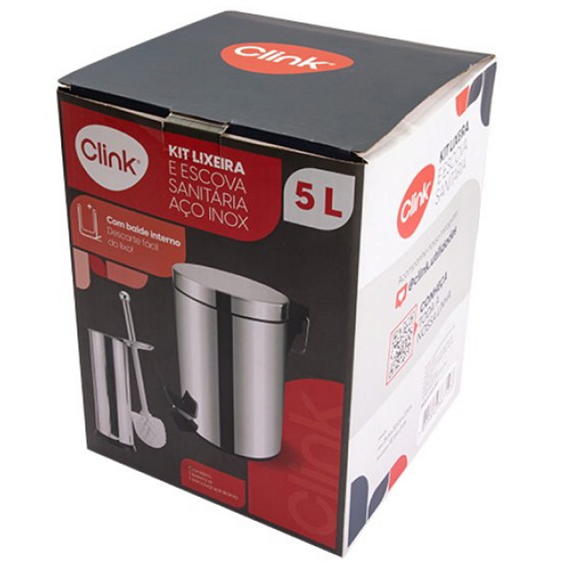 KIT LIXEIRA DE AÇO INOX 5 LITROS E ESCOVA SANITÁRIA - CLINK