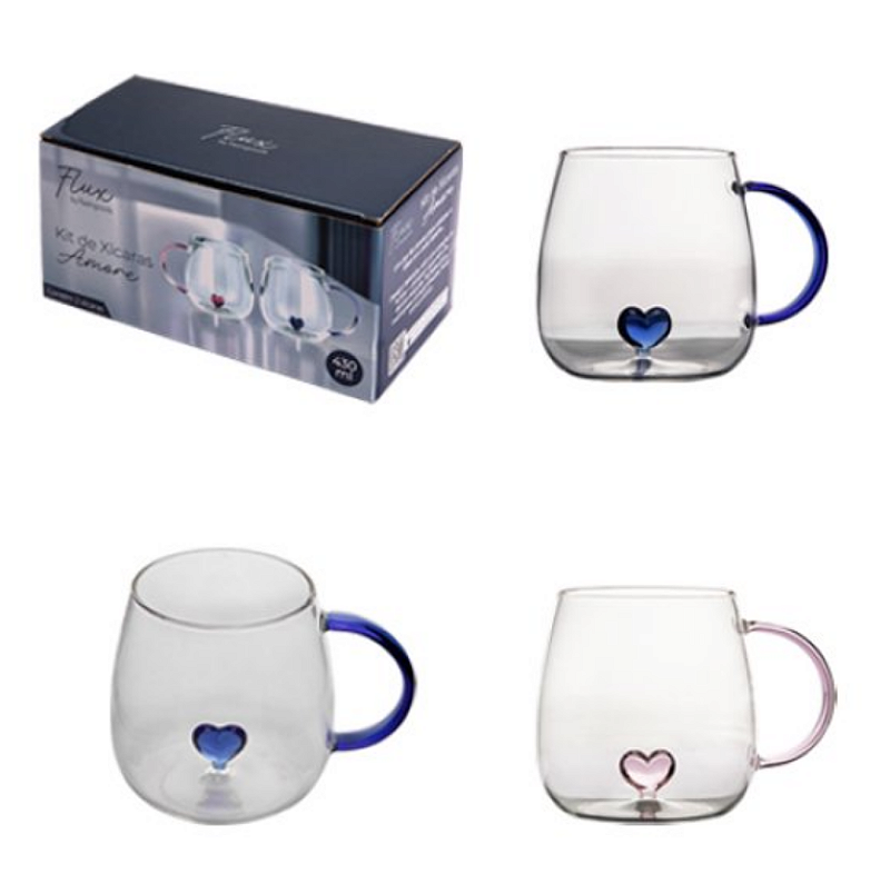 KIT CASAL COM 2 CANECAS DE VIDRO BOROSSILICATO AMORE 430ML - FLASHGOODS