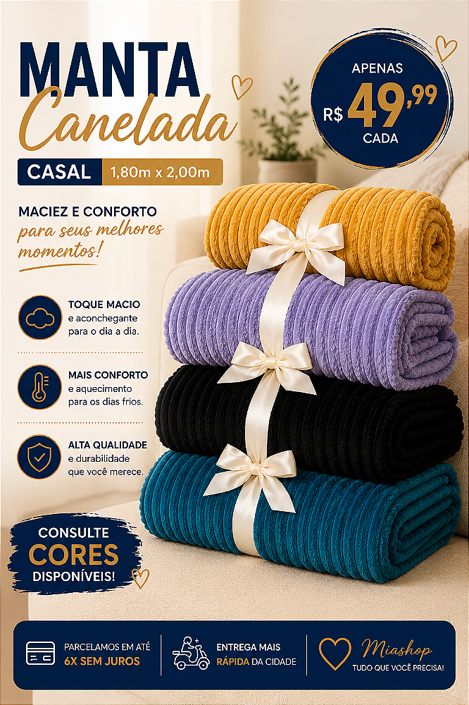 COBERTOR MANTA DE SOFT CANELADA CASAL 1.80X2.20M - HIPERTÊXTIL