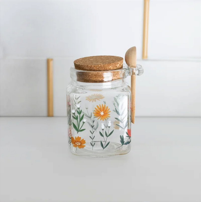 POTE QUADRADO DE VIDRO COM TAMPA E COLHER DE BAMBU FLORA 250ML - LYOR