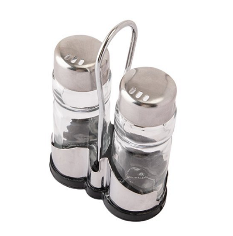 KIT COM 2 PORTA CONDIMENTOS E SUPORTE SALEIRO PIMENTEIRO DE VIDRO COM TAMPA EM AÇO INOX 35ML - FLASHGOODS