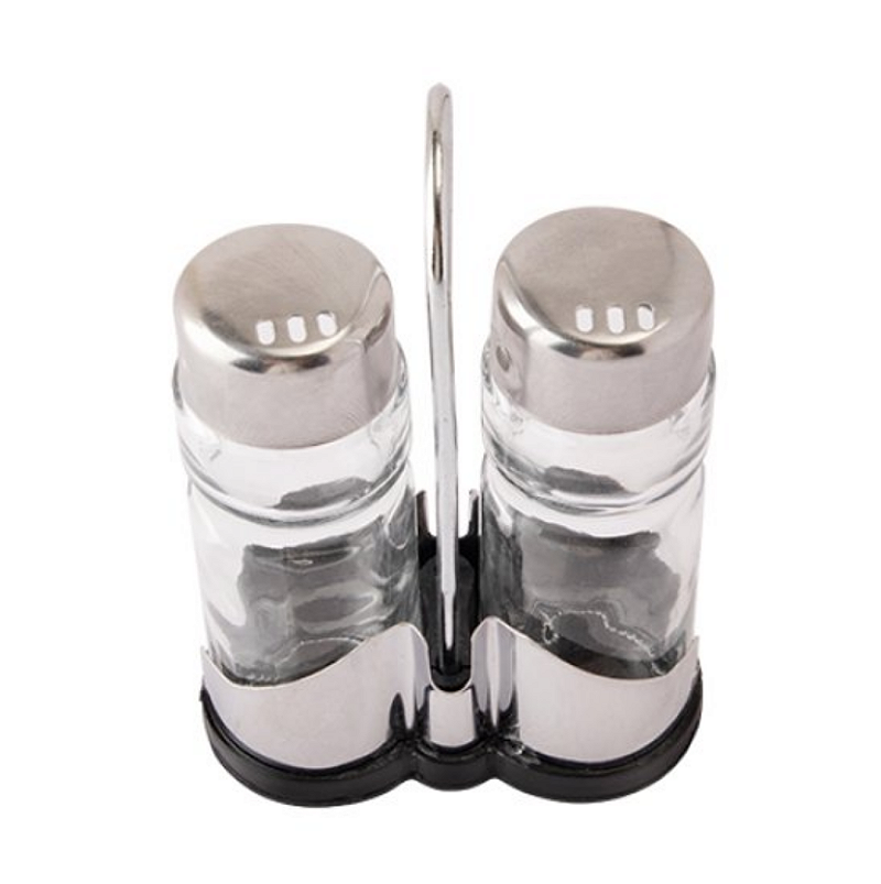 KIT COM 2 PORTA CONDIMENTOS E SUPORTE SALEIRO PIMENTEIRO DE VIDRO COM TAMPA EM AÇO INOX 35ML - FLASHGOODS