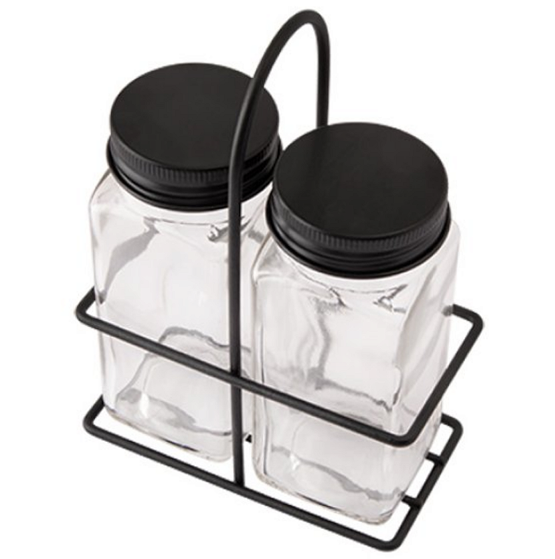 KIT COM 2 PORTA CONDIMENTOS E SUPORTE SALEIRO PIMENTEIRO DE VIDRO COM TAMPA EM METAL 120ML - FLASHGOODS