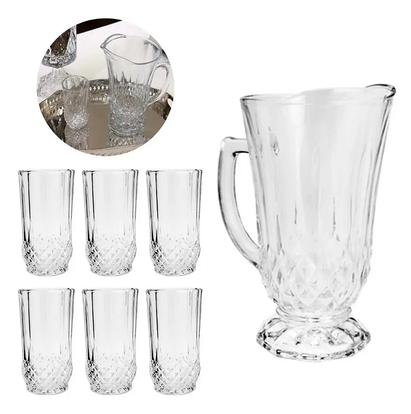 KIT COM JARRA 1,25 LITROS E 6 COPOS 260ML DE VIDRO ROBERTA - LYOR