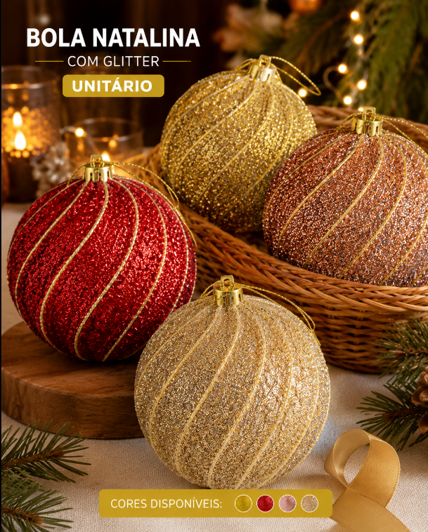 BOLA DE NATAL DECORADA COM GLITTER 8CM CORES SORTIDAS - MULTIART